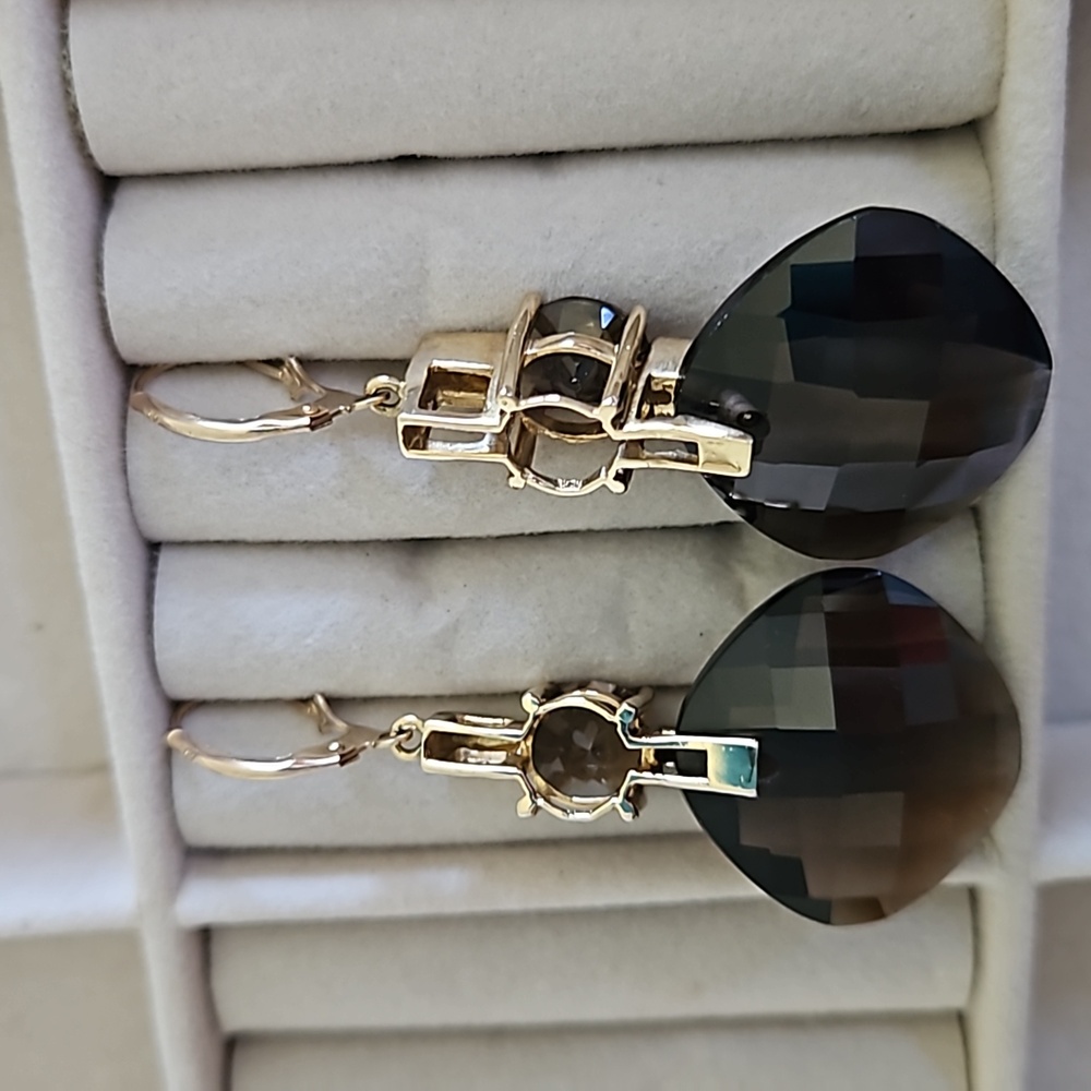Vintage Smokey Topaz Diamond Accent Gold Drop Earrings - Picture 5 of 8